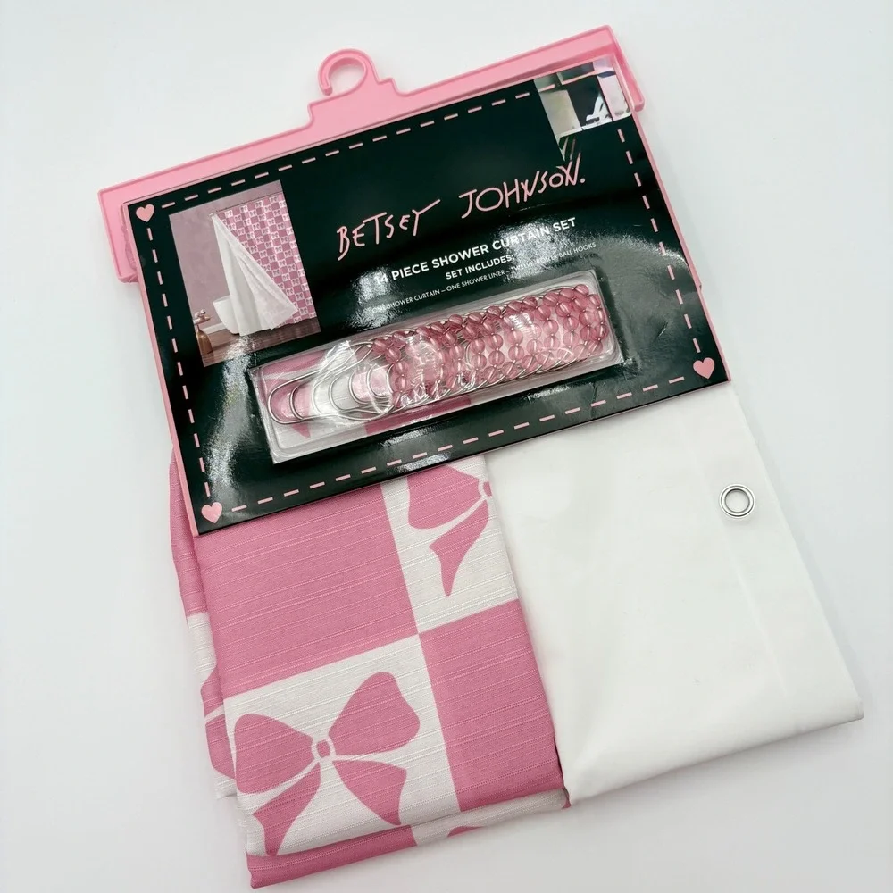BETSEY JOHNSON 14pc COQUETTE Pink White Checkered Bow Shower Curtain Set